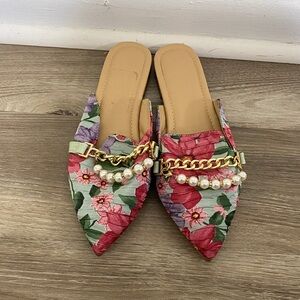 Floral Pearl-Chain Pointed Toe Mules - Pink Multi